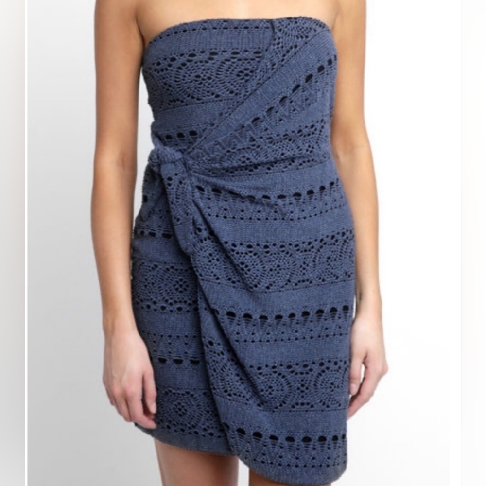 Free People Crochet Steel blue/gray Bowaccent Open shoulder Party mini dress XL